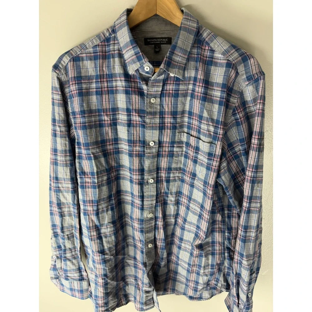 Banana Republic Luxe Flannel Slim Fit Shirt Mens Large Blue Grey Plaid Button Up